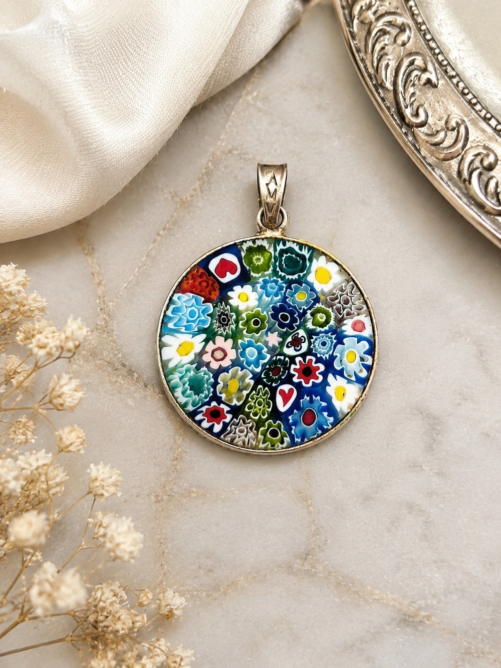 Murano Millefiori Floral Round Pendant Necklace - Multicolor